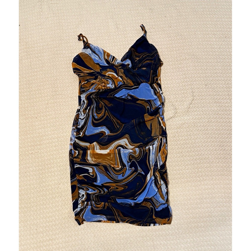 Heart & Hips Women's Medium Marble Print Ruched Bodycon Mini Dress Blue Brown